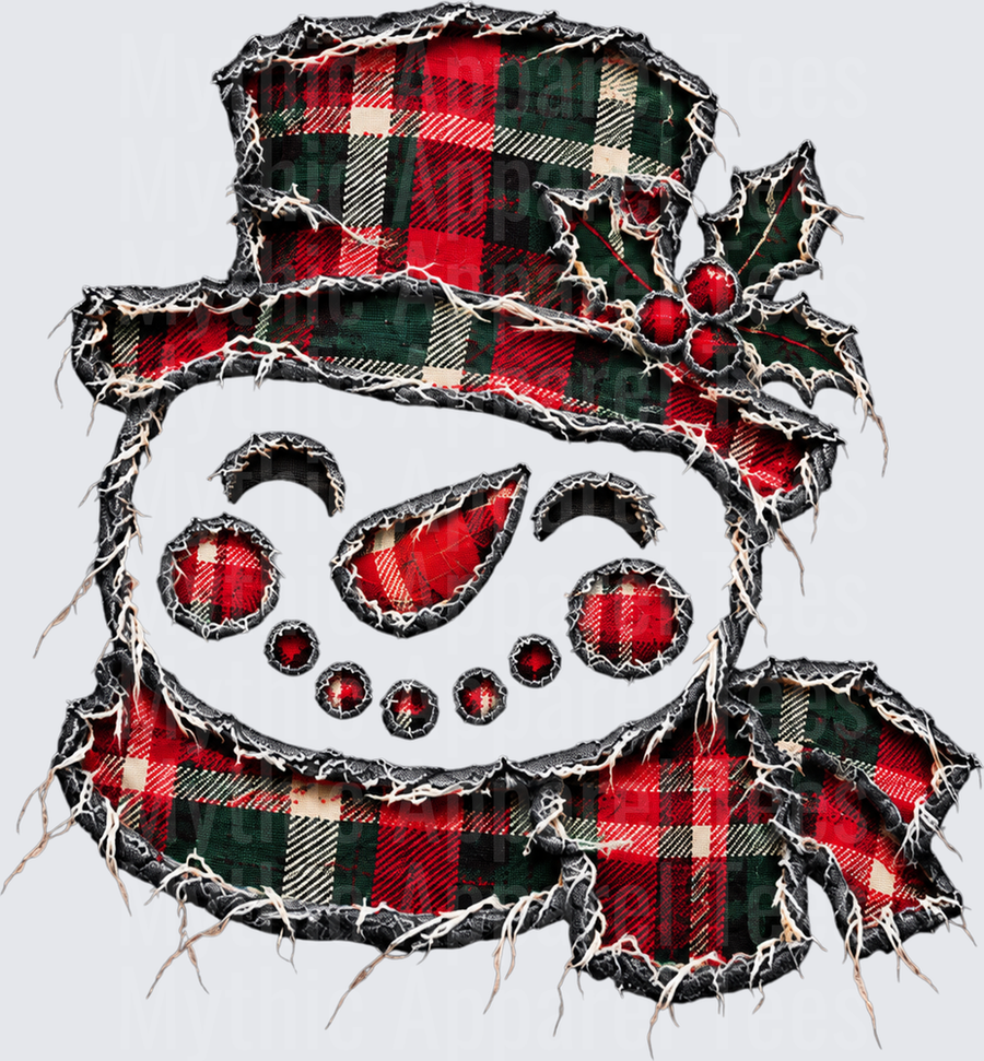 Raggedy Patchwork Snowman Face Red Green Buffalo Plaid Top Hat Holly Berry Frayed Fabric Applique Christmas Design