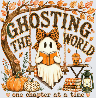 Fall Designs Ghosting The World One Chapter At A Time Cute Ghost Reading Book On Tree Swing With Pumpkins Autumn Leaves And Lantern