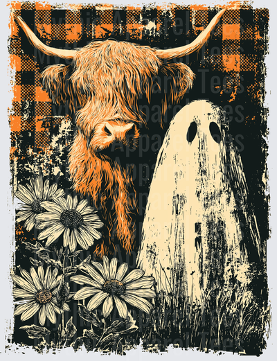 Distressed Halloween Highland Cow and Ghost with Daisies on Orange Black Buffalo Plaid