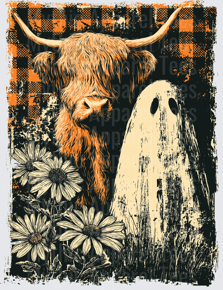 Distressed Halloween Highland Cow and Ghost with Daisies on Orange Black Buffalo Plaid