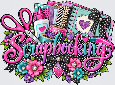 Scrapbooking Glitter Script Design with Pink Scissors Washi Tape Glue Flowers and Patterned Papers in Hot Pink Teal and Purple