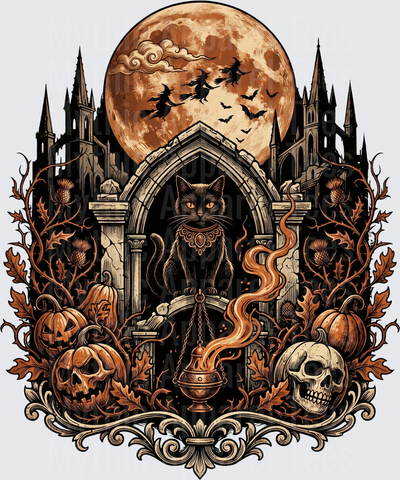 Gothic Black Cat Familiar Under Full Moon with Witches Flying on Broomsticks Haunted Castle Skulls Jack-O-Lanterns and Ornate Incense Burner Halloween