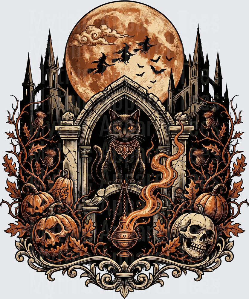 Gothic Black Cat Familiar Under Full Moon with Witches Flying on Broomsticks Haunted Castle Skulls Jack-O-Lanterns and Ornate Incense Burner Halloween