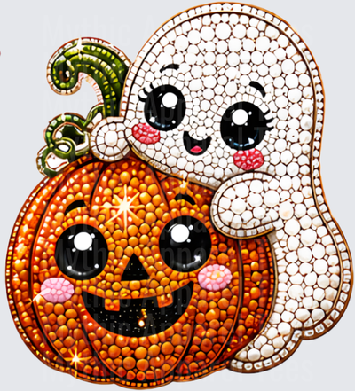 Halloween Bling Cute Bejeweled Ghost and Jack-O-Lantern Pumpkin Rhinestone Mosaic Duo
