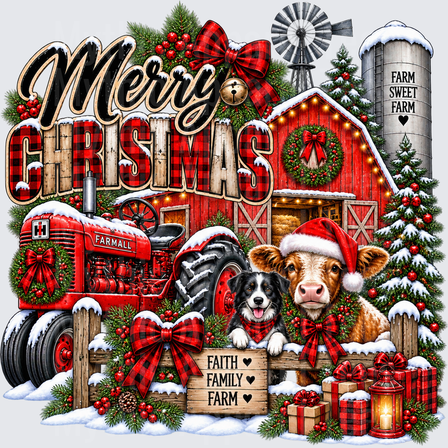 Christmas Merry Christmas Farm Sweet Farm Farmall Tractor Red Barn Cow in Santa Hat Border Collie Faith Family Farm Buffalo Plaid Holiday Scene
