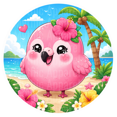 Flamingo Cute Chubby Pink Bird Tropical Beach Hibiscus Round