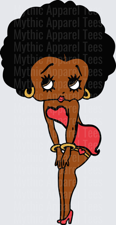 Black Betty Boop Afro Queen with Gold Hoop Earrings and Pink Dress