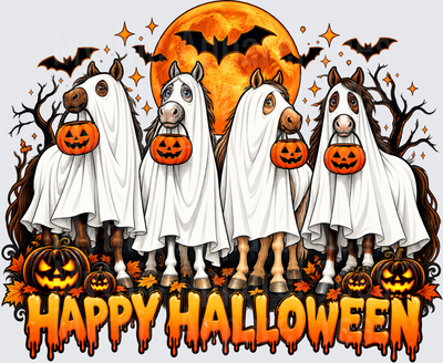 Horses Halloween Four Ghost Horses Trick or Treating with Jack-o-Lantern Buckets Full Moon Bats and Pumpkins Happy Halloween