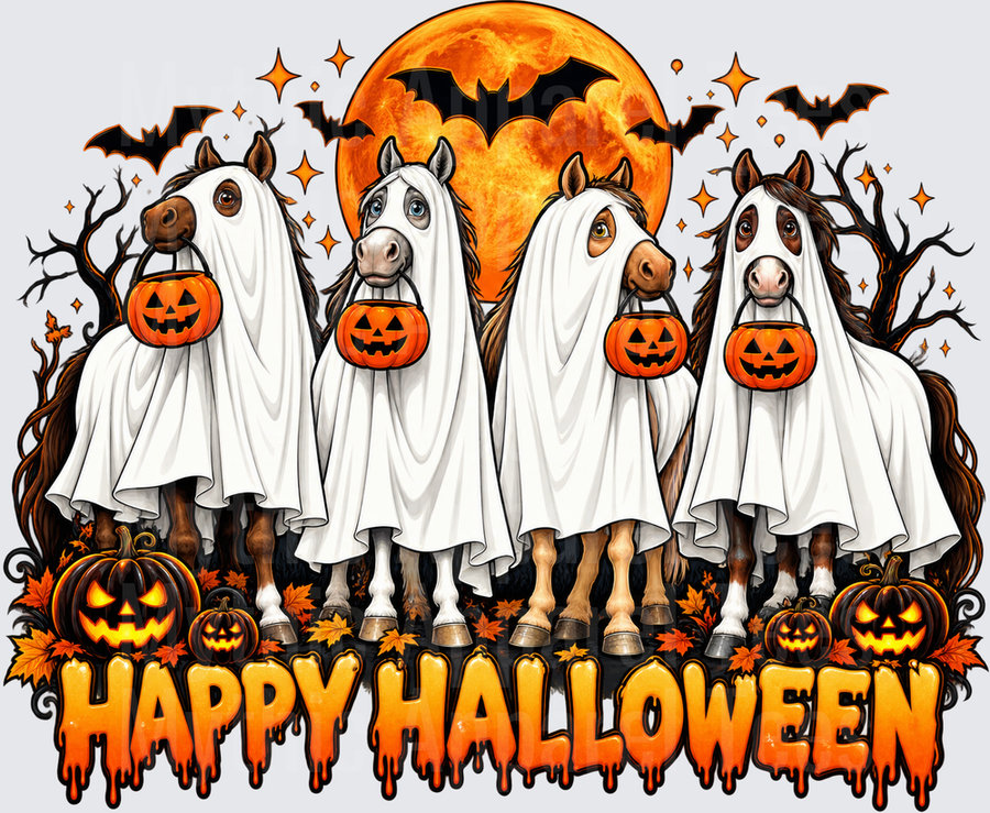 Horses Halloween Four Ghost Horses Trick or Treating with Jack-o-Lantern Buckets Full Moon Bats and Pumpkins Happy Halloween