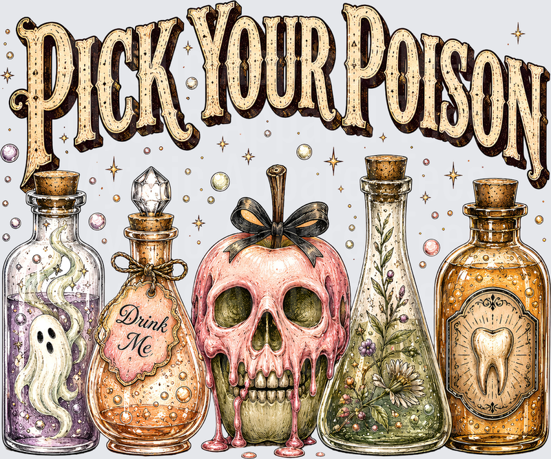 Halloween Pick Your Poison Spooky Potion Bottles Skull Apple
