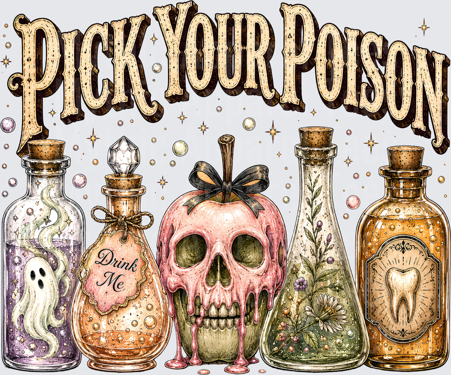 Halloween Pick Your Poison Spooky Potion Bottles Skull Apple