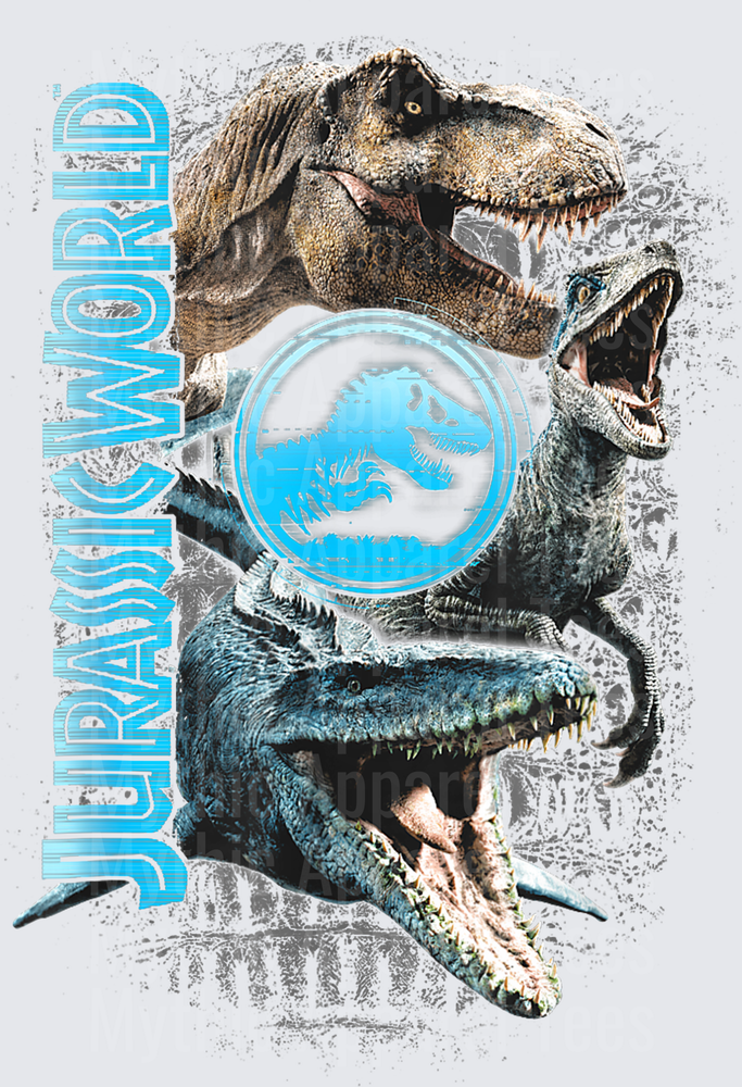 Jurassic World T-Rex Velociraptor and Mosasaurus Dinosaur Trio with Logo on Distressed Grunge Background