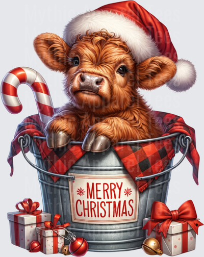 Highland Christmas Cow Santa Hat Galvanized Bucket Merry Christmas