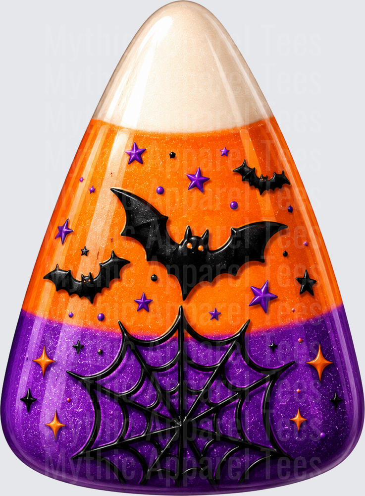 Halloween Glitter Candy Corn with Bats Spiderwebs and Stars Orange Purple Spooky Design