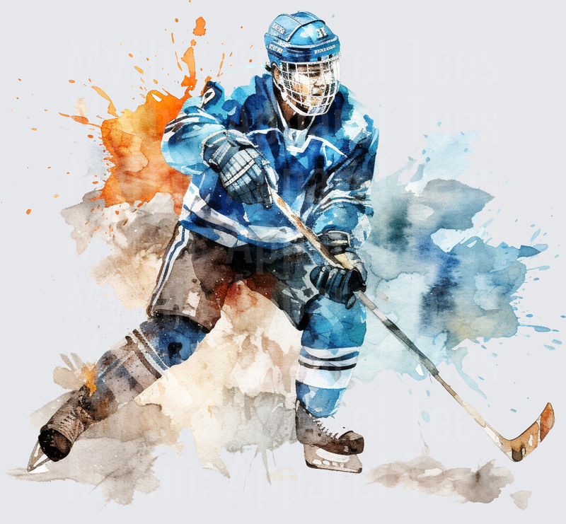 Ice Hockey Player Watercolor Splash Blue Jersey Action Art