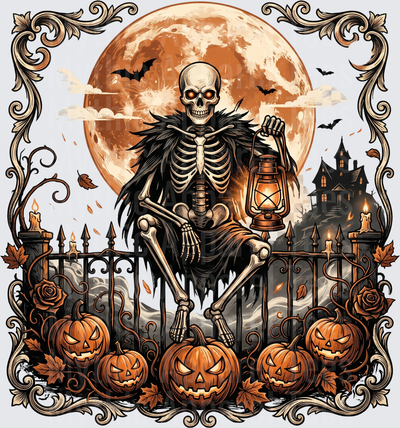Cloaked Skeleton Perched on Iron Gate Holding Lantern with Jack-O-Lanterns Blood Moon Haunted Mansion Bats Ornate Victorian Frame Halloween