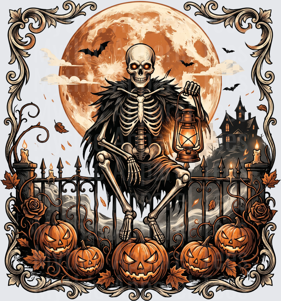 Cloaked Skeleton Perched on Iron Gate Holding Lantern with Jack-O-Lanterns Blood Moon Haunted Mansion Bats Ornate Victorian Frame Halloween