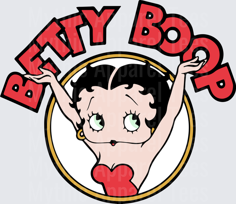 Betty Boop Arms Up Inside Gold Hoop Circle with Bold Red Arched Name Text