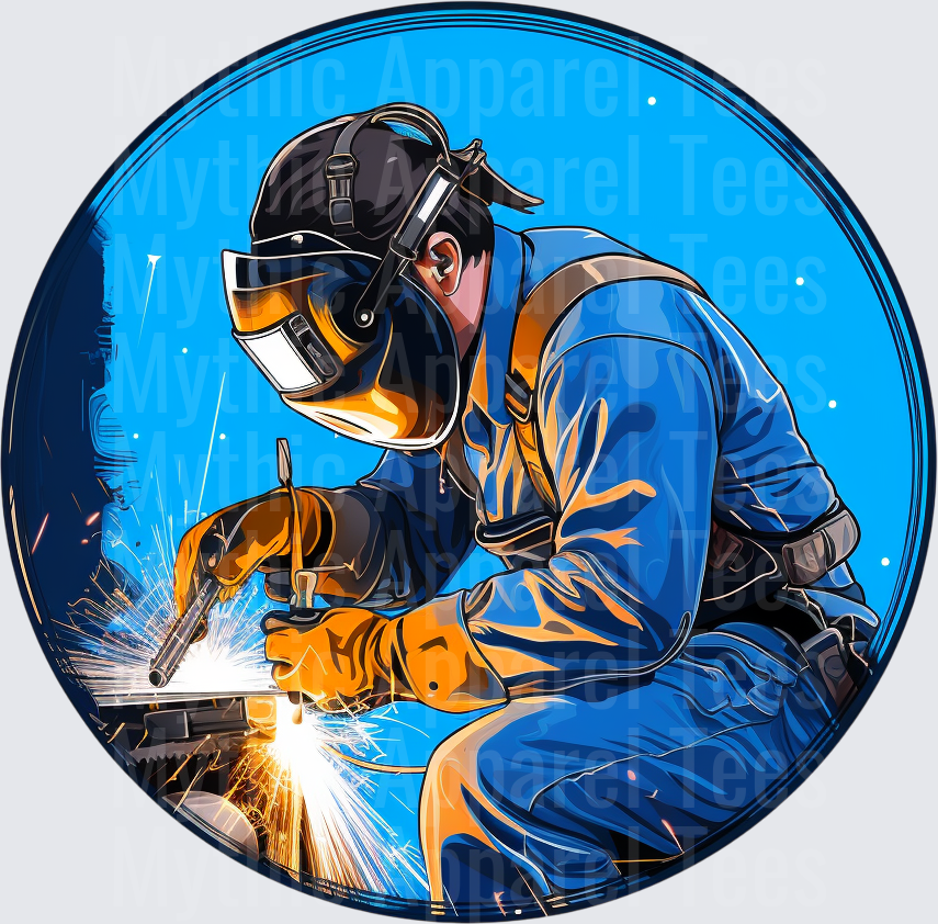 Welder In Action With Flying Sparks Blue Coveralls And Welding Helmet Circle Design