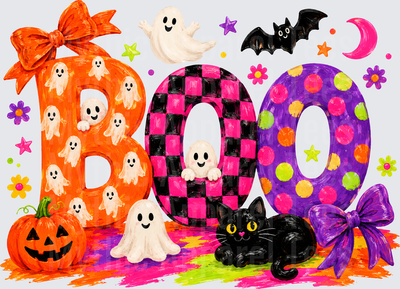 Halloween Bright And Fun BOO Letters with Cute Ghosts Black Cat Jack-O-Lantern Bat Crescent Moon Colorful Bows and Polka Dots