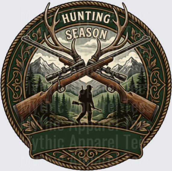 Hunting Season Crossed Rifles Antlers Hunter Silhouette Badge