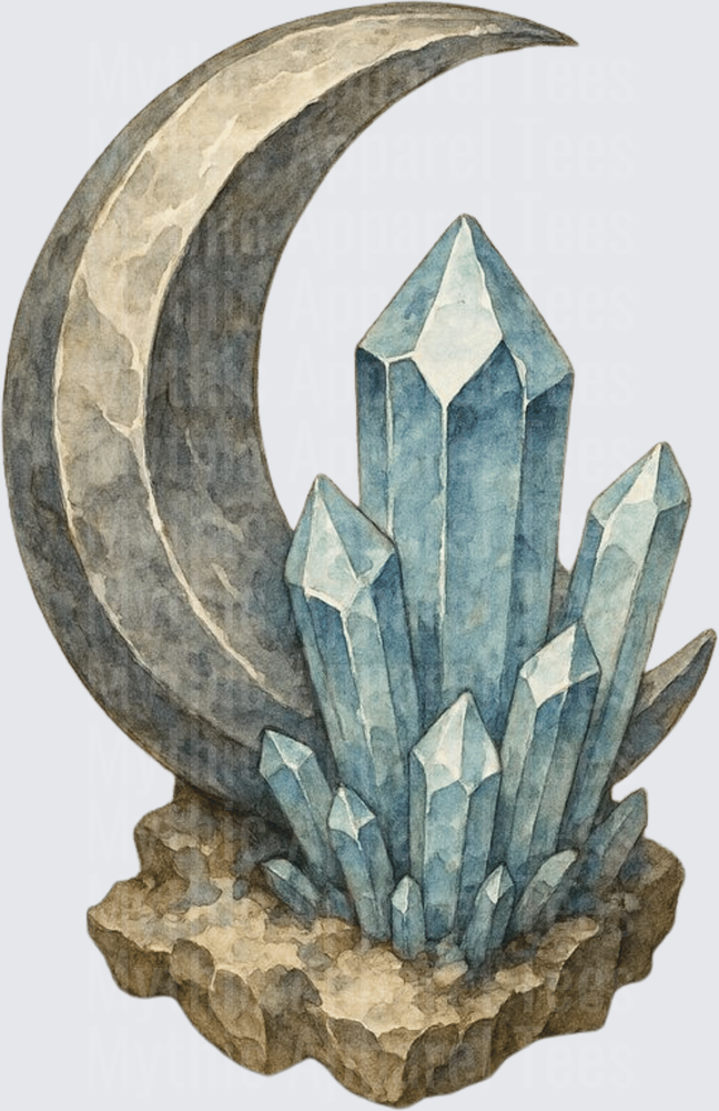 Watercolor Crescent Moon and Blue Crystal Cluster on Stone Base Mystical Boho Celestial Gemstone Cluster
