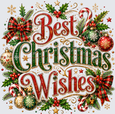 Best Christmas Wishes Vintage Typography with Holly Berries Ornaments Candy Canes and Plaid Bows