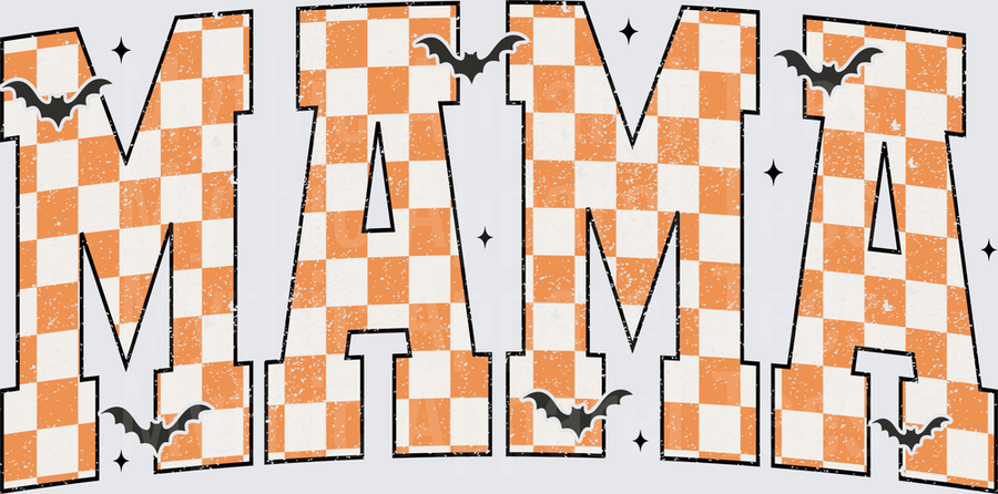Halloween Mama Orange Checkered Bat Distressed Bold Letters