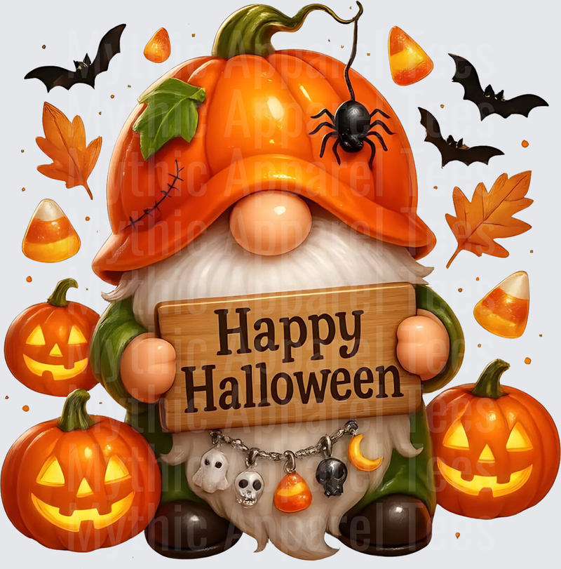 Happy Halloween Pumpkin Gnome with Jack-O-Lanterns Bats Candy Corn and Fall Leaves