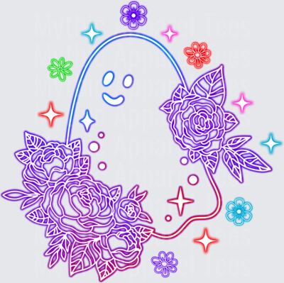 Halloween Neon Ghost with Roses and Colorful Sparkles