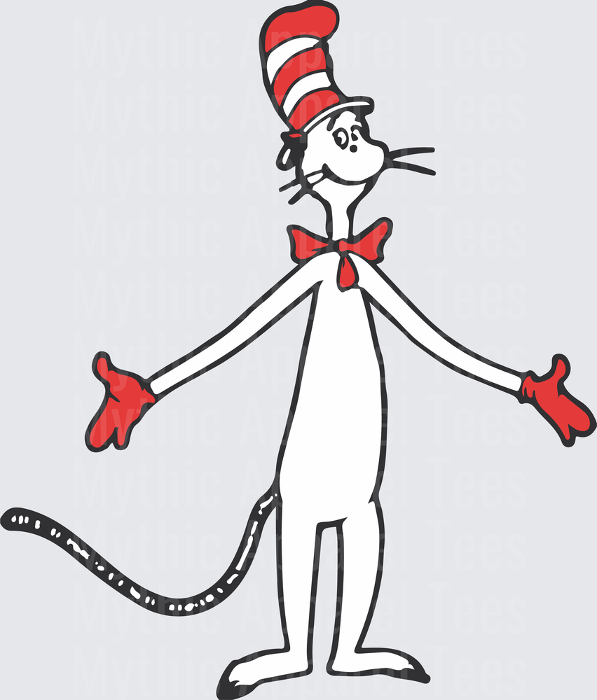 Dr. Seuss Cat in the Hat Full Body Pose with Red and White Striped Hat Red Bow Tie and Red Gloves Arms Outstretched