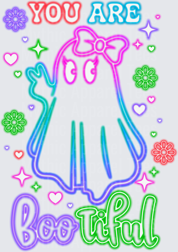 Halloween You Are Bootiful Neon Bow Ghost with Hearts Flowers