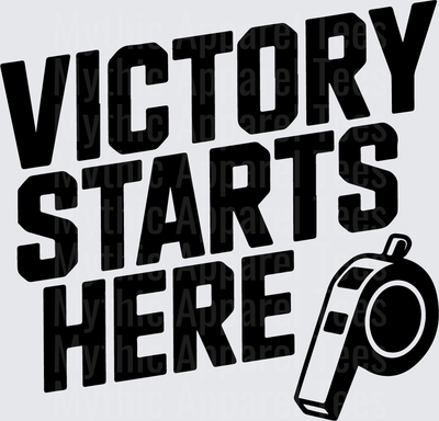 American Football Victory Starts Here Bold Text with Coach Whistle