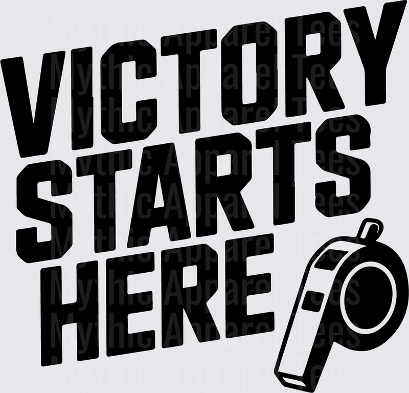 American Football Victory Starts Here Bold Text with Coach Whistle
