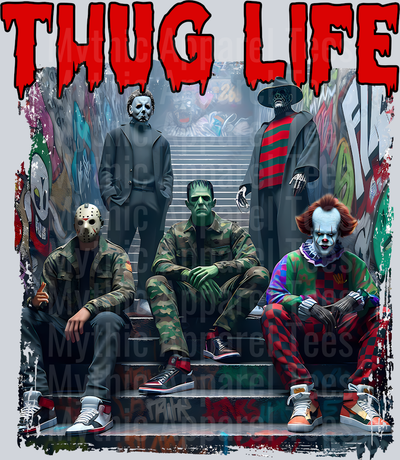 Red Letters on stairs THUG LIFE Freddy Krueger Jason Vorhees Michael Myers Pennywise Frankenstein Gangster Pose Horror Movie DTF Thug Life Transfers