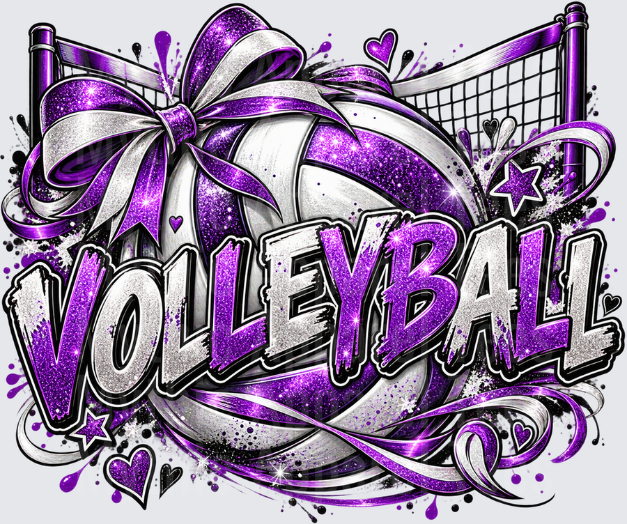 Glittery Purple and Silver Volleyball with Bow Net Hearts and Stars Graffiti Lettering Design