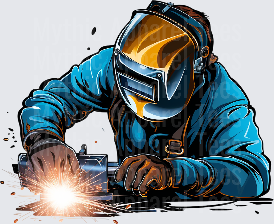 Welder In Blue Jacket And Gold Helmet With Flying Sparks