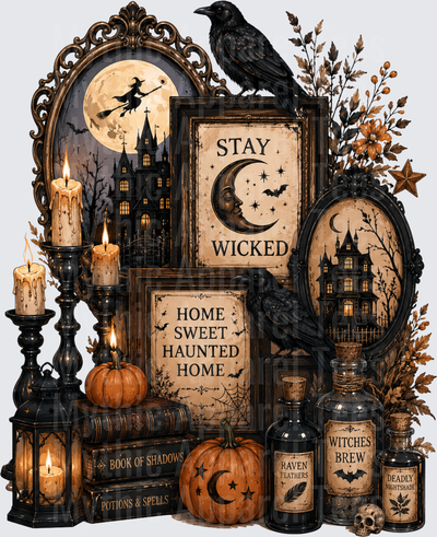 Gothic Halloween Witch Vignette Stay Wicked Home Sweet Haunted Home Ravens Candles Potion Bottles Pumpkins Book of Shadows