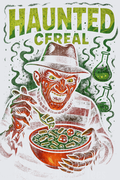 Freddy Krueger Haunted Cereal Horror Parody Cereal Box Woodcut Style Illustration with Skull Cereal Bowl and Poison Potion Bottle