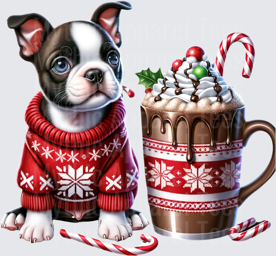 Boston Terrier Puppy in Red Nordic Snowflake Sweater with Holiday Hot Cocoa Mug and Candy Canes