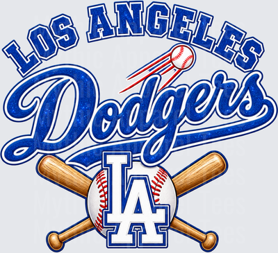 Los Angeles Dodgers Glitter Blue Script with Crossed Bats and LA Baseball Logo