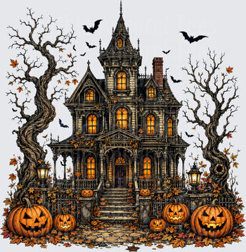 Haunted Victorian Mansion with Jack-O-Lanterns Twisted Trees Flying Bats and Glowing Windows Autumn Halloween Scene
