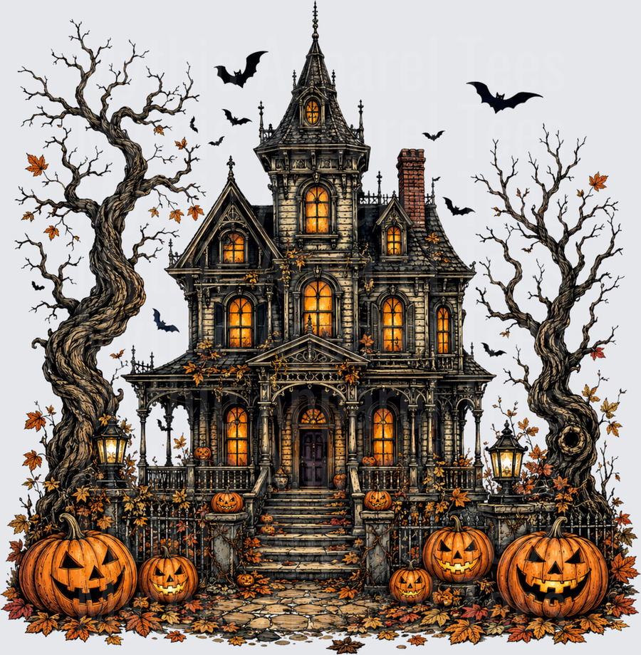 Haunted Victorian Mansion with Jack-O-Lanterns Twisted Trees Flying Bats and Glowing Windows Autumn Halloween Scene