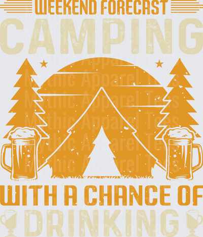 Weekend Forecast Camping With A Chance Of Drinking Tent Pine Trees Beer Mugs Retro Sunset Graphic