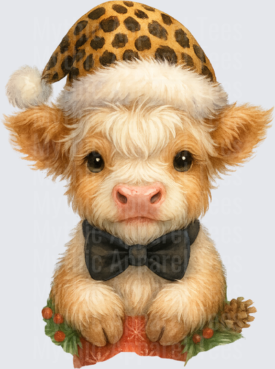 Highland Christmas Cow Leopard Santa Hat Black Bow Tie