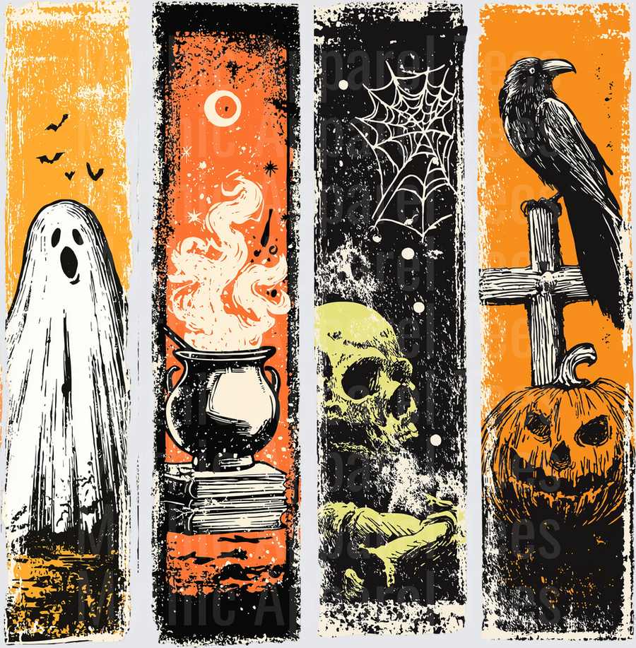 Distressed Halloween Four Panel Vintage Banner Set with Ghost Bats Bubbling Cauldron Spell Books Skeleton Skull Spider Web Crow on Graveyard Cross and Jack-O-Lantern in Orange Black and White Grunge Illustration