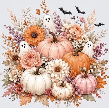 Boho Halloween Floral Pumpkin Arrangement with Cute Ghosts and Bats in Soft Autumn Tones