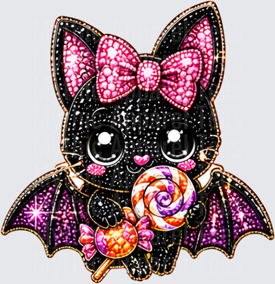 Halloween Bling Glitter Kawaii Black Bat With Pink Bow And Lollipop Candy