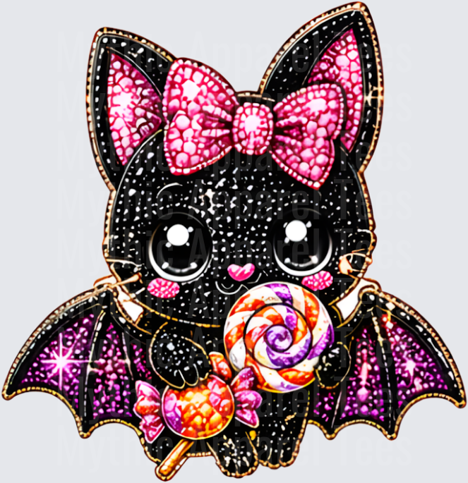 Halloween Bling Glitter Kawaii Black Bat With Pink Bow And Lollipop Candy