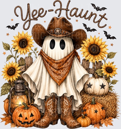 Yee-Haunt Western Cowboy Ghost with Sunflowers Pumpkins Hay Bale and Jack-o-Lantern Fall Halloween